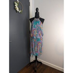 Donna Morgan Drop Waist Blouson Paisley‎ Halter Dress in Aqua Purple - 8